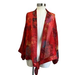 Chico’s 100% Silk Front Tie Kimono Jacket Size 2 L/12 NWT Boho Art Print